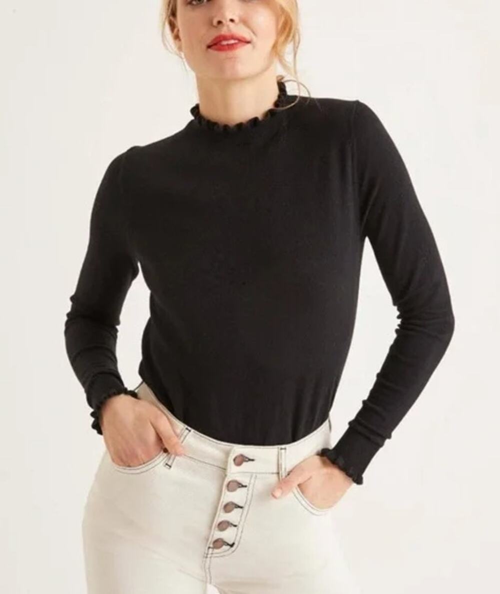 Boden Rib Knit Ruffle Turtleneck Sweater Mock Neck Long Sleeve Fitted Top Black